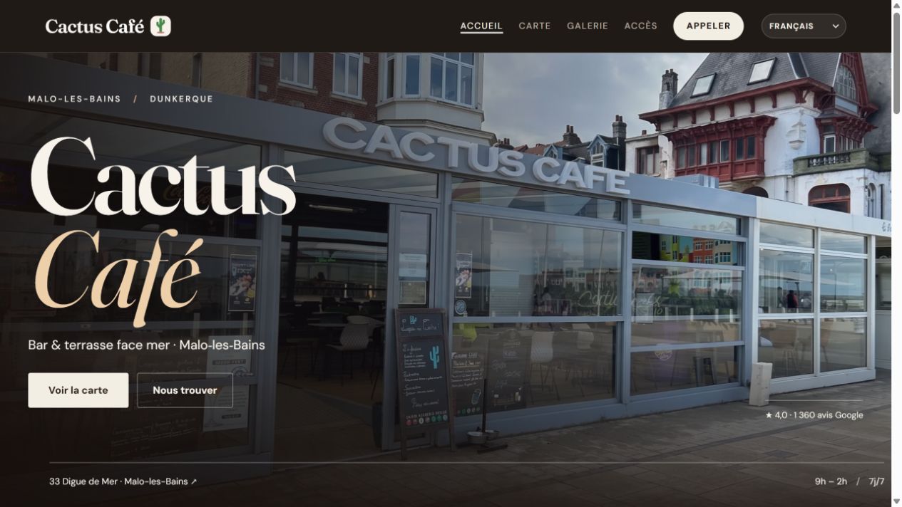 Page d’accueil réelle du site Cactus Café, avec la façade du bar et sa terrasse sur la digue de Malo-les-Bains.