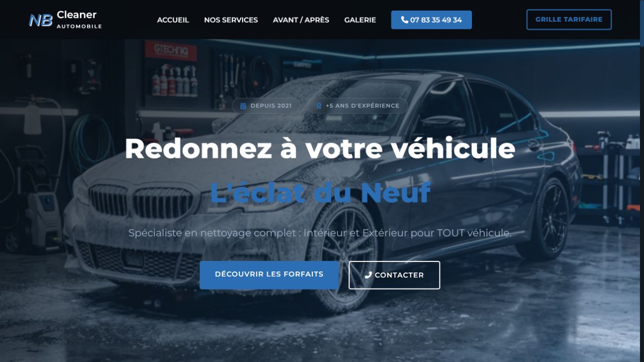 Page d’accueil réelle du site NB Cleaner Auto : présentation des services de nettoyage automobile sur une photographie de véhicule.